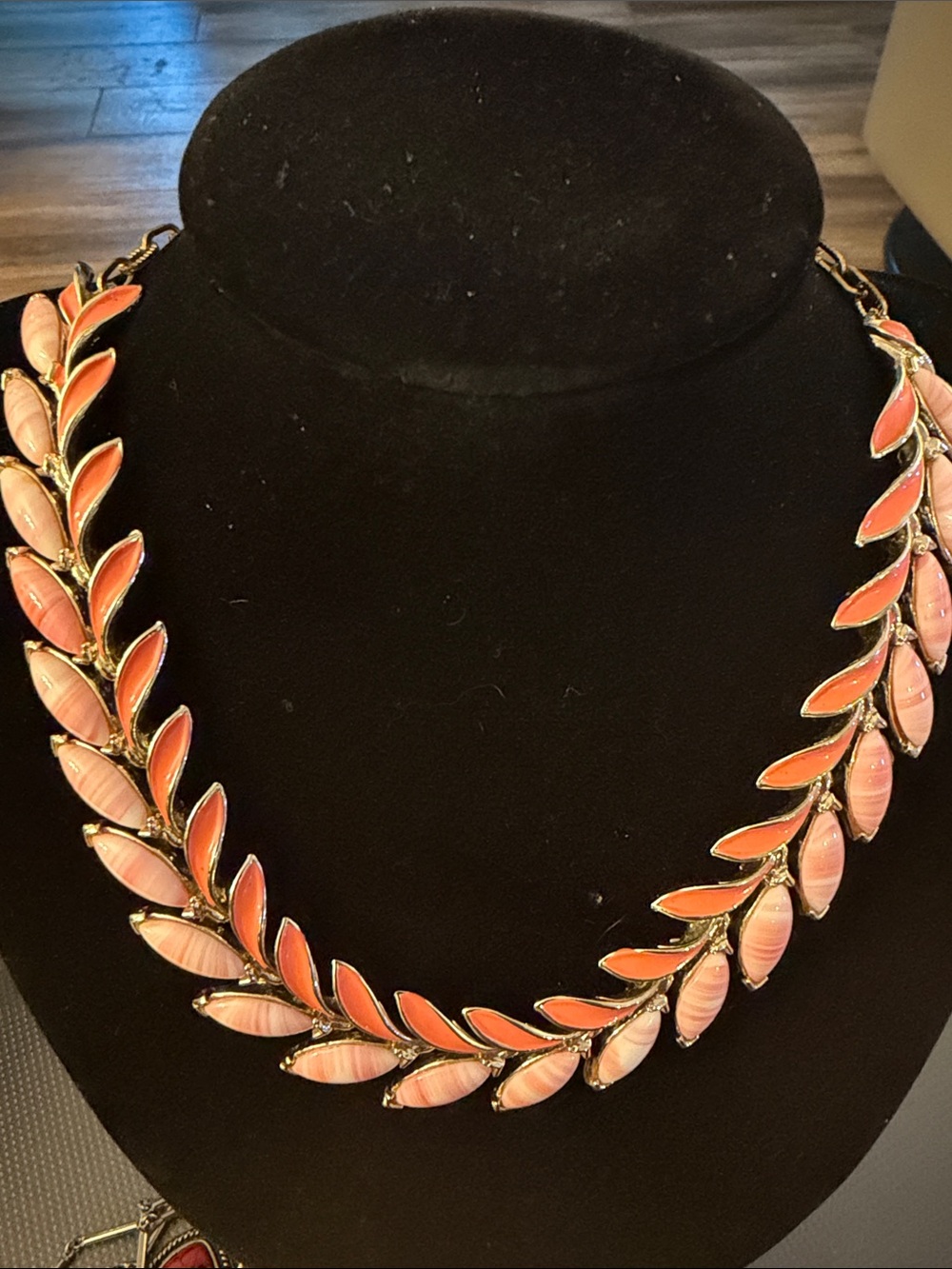 Coral and Light Pink Leaf-Linked Necklace with Gold-Tone Accents